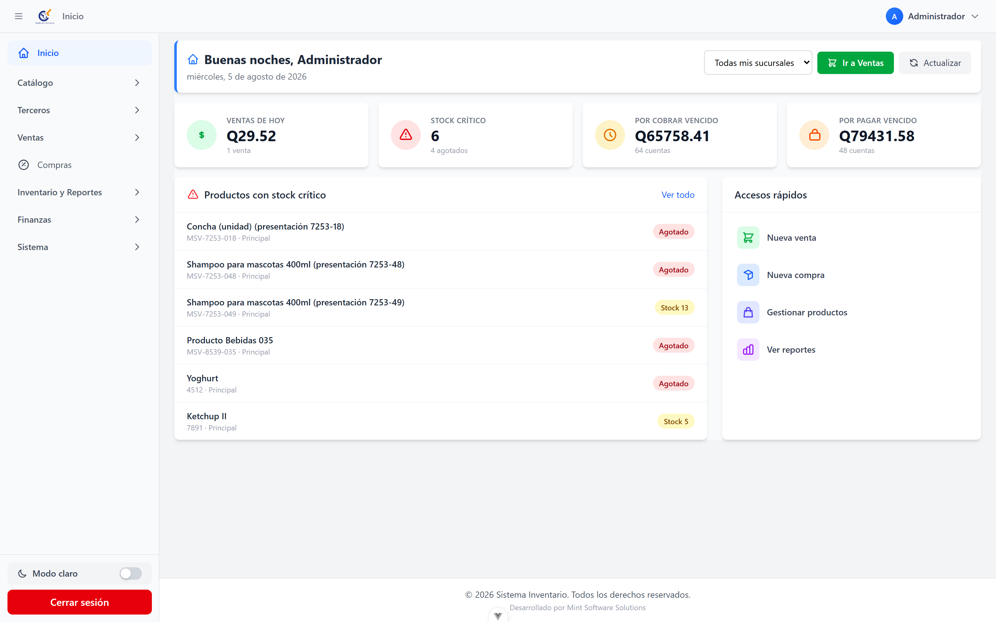 Panel del Sistema de Inventario y Punto de Venta