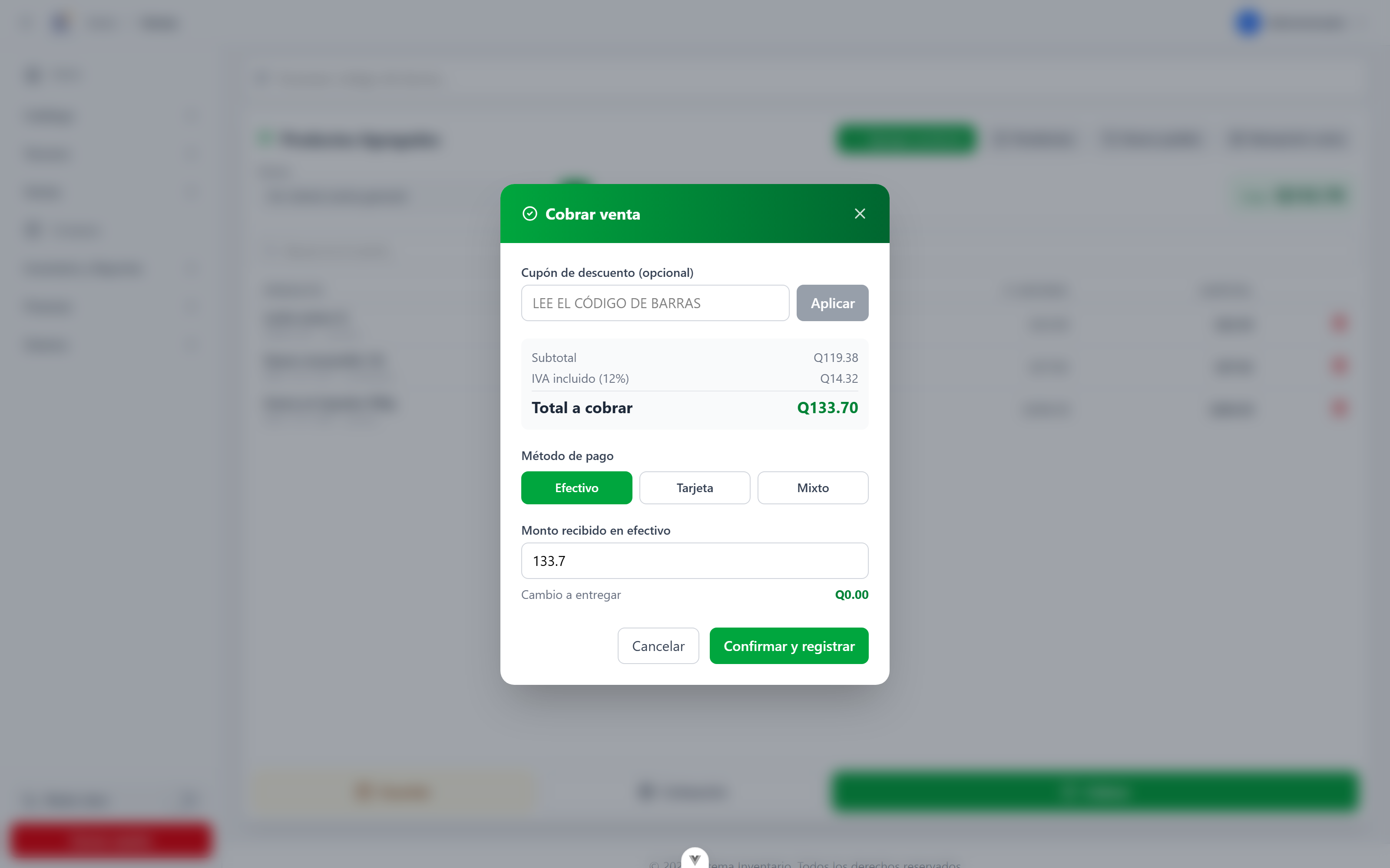 Modal de cobro con efectivo, tarjeta o mixto